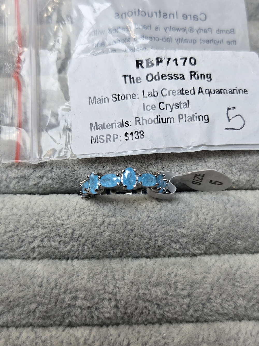 New! Size 5 Aquamarine Ice Crystal The Odessa Ring Rhodium Plated Bomb Party